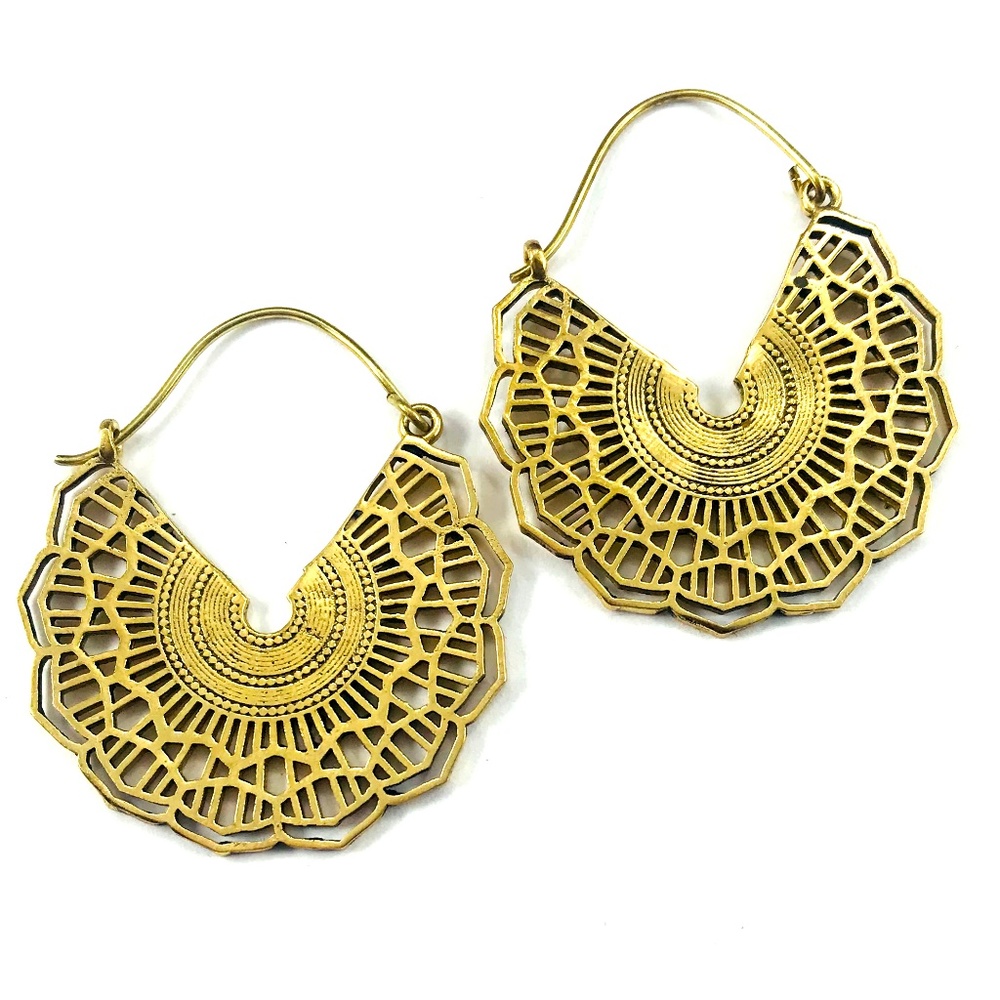 GOLD Tone Color BRASS Hoops DETAILED Earrings Boho